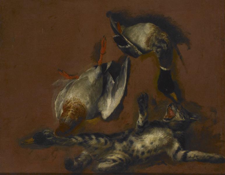 Un chat et deux canards (titre actuel) ; Deux oiseaux de rivière mort et un chat (titre ancien)