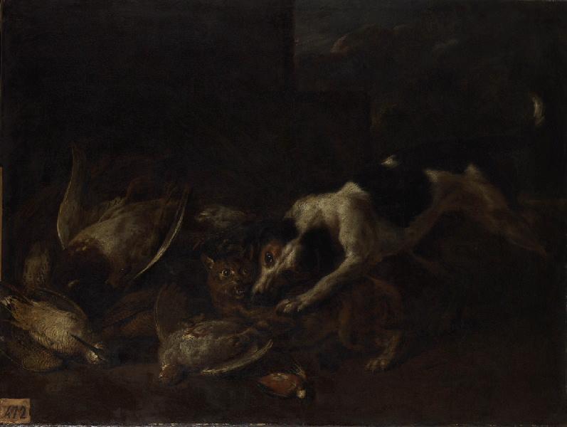 Chien et chat se disputant (titre actuel) ; paysage et animaux (titre ancien)