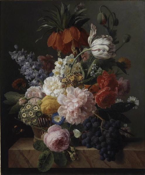 Corbeille de fleurs et grappe de raisin ; Fleurs et fruits