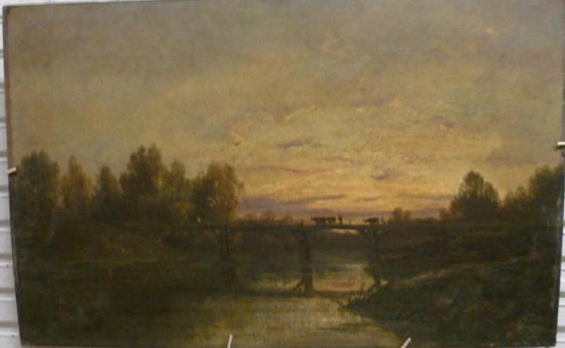 Passage de vaches sur un pont ; dit : Pont de la Touque ; dit : Coucher de soleil
