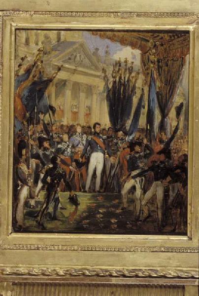 Le Roi Louis-Philippe distribuant les drapeaux à la garde nationale, le 29 août 1830 ; Louis-Philippe à l'Hôtel de Ville de Paris (autre titre)