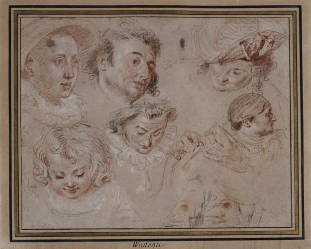 Etude de têtes et de mains ; Six études de têtes et mains tenant une flûte (autre titre)