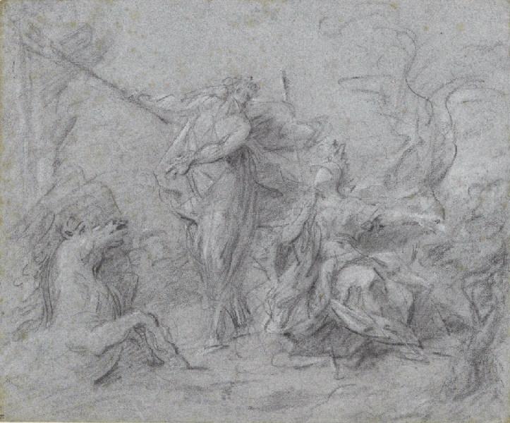 La dispute de Neptune et de Minerve ; Esquisse au revers à la pierre noire : Etude de détail pour La Dédicace du temple de Salomon