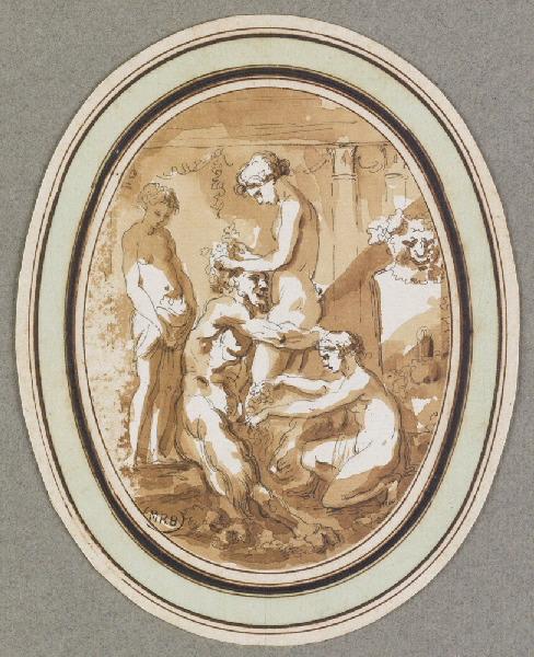 Un satyre et trois nymphes devant une statue de Priape ; Satyre entouré par trois nymphes (dans un encadrement ovale)