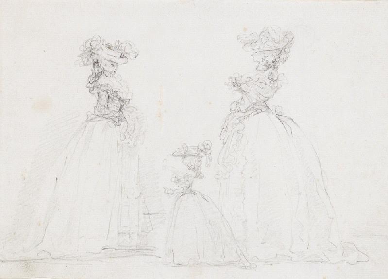 Etude de deux femmes accompagnées d'une fillette ; Deux femmes et une fillette debout vues de profil.