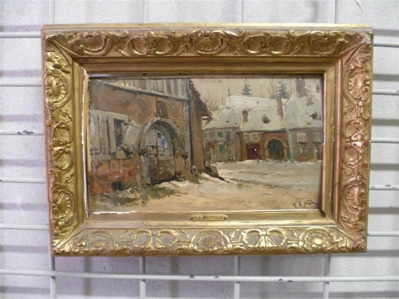 Rue de village sous la neige.