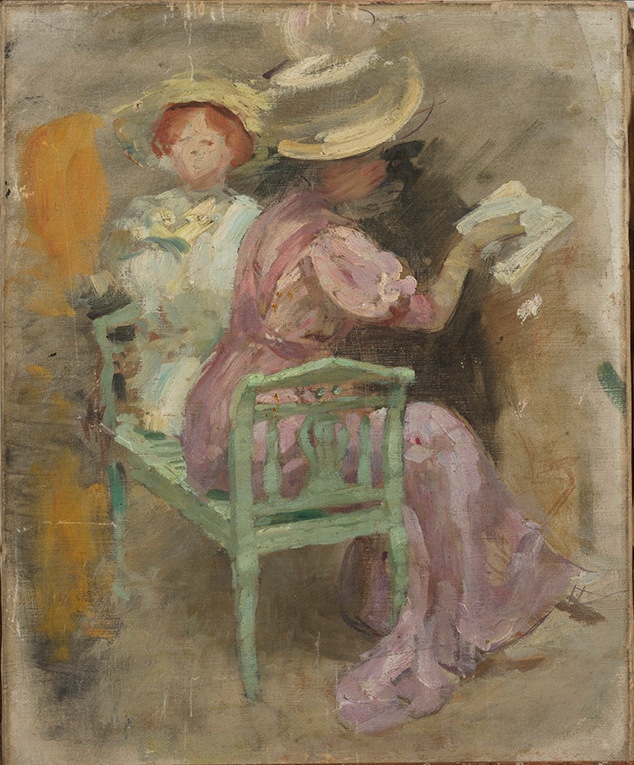 Deux élégantes lisant un catalogue du Salon