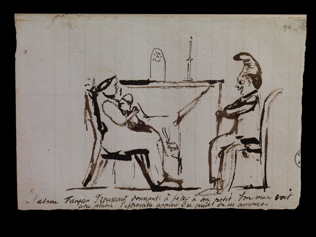 Madame Fanfan Troussard donnant à .... (Madame Fanfan Troussard donnant à téter à son petit. son mari voit avec plaisir l'effroyable appétit du fruit de ses amours)