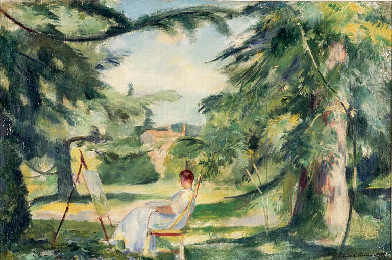 Femme peignant dans un paysage