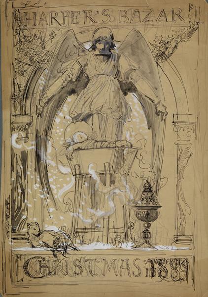 Recto : Harper's Bazar Christmas 1889 (ange, enfant Jésus dans la crèche)#Verso : esquisse Noël, ferme et oiseaux endormis