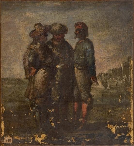 Trois hommes conversant au bord de la mer