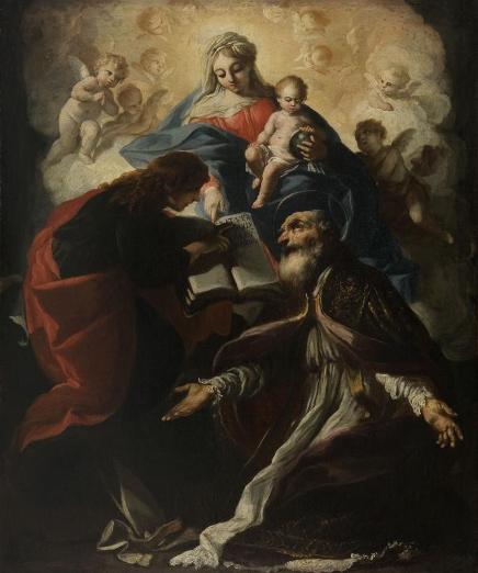 Evêque en contemplation devant la Vierge et l'Enfant Jésus