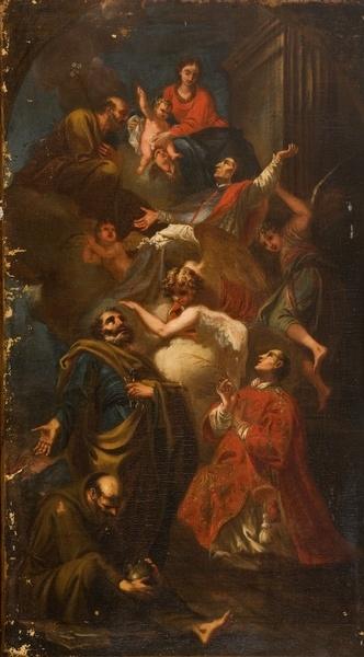 Apothéose d'un prélat accueilli par la Sainte Famille avec saint Etienne (?), saint Pierre et saint François d'Assise