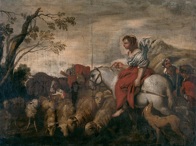 Jeune fille conduisant la marche d'un troupeau