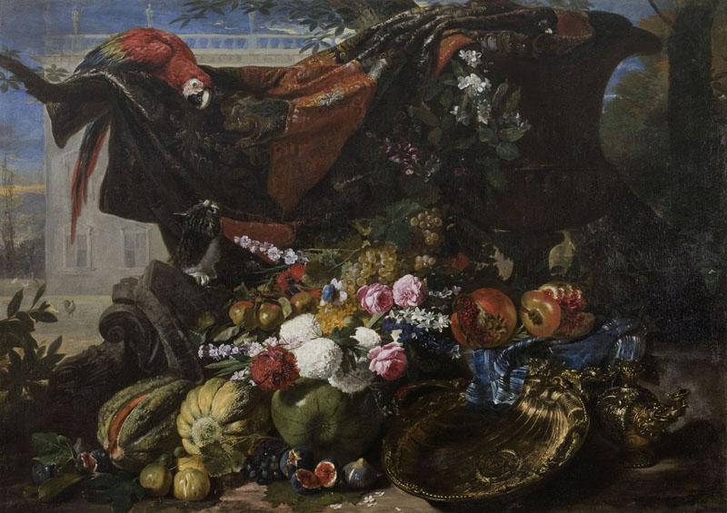 Nature morte, combat entre un chat et un perroquet
