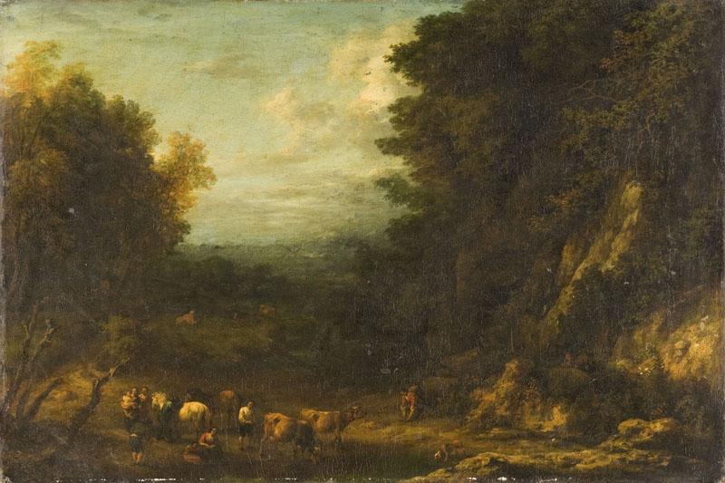 Paysage animé avec animaux conduits à l'abreuvoir