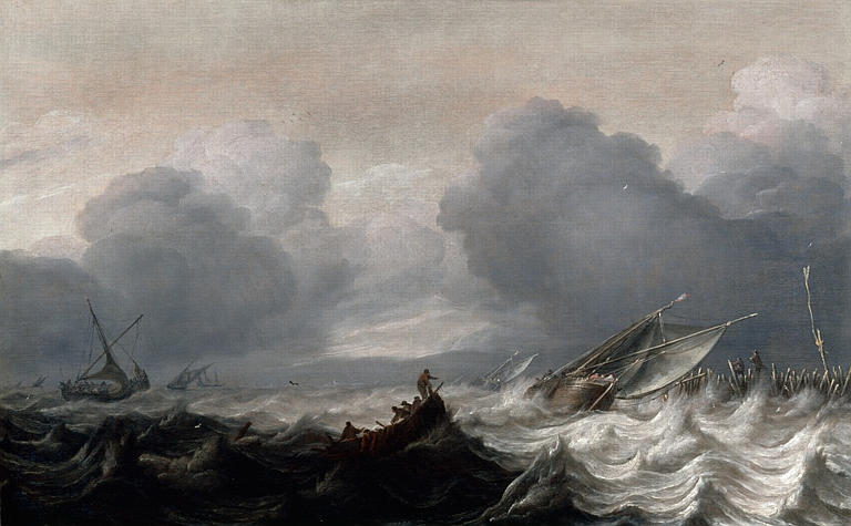 Marine, tempête dans un port