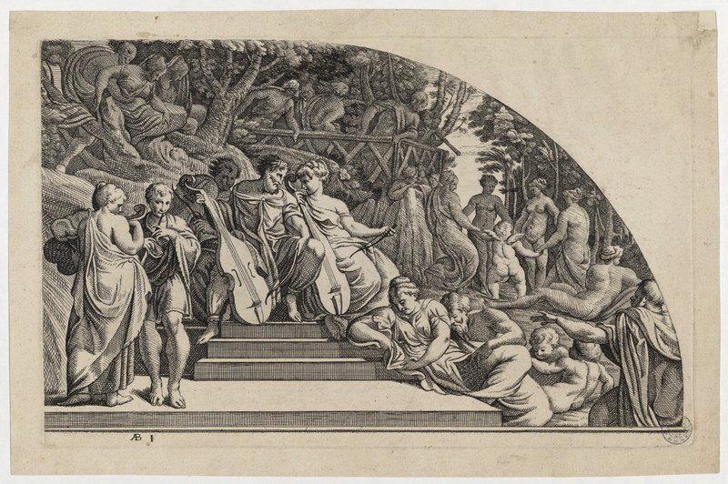 Divinités jouant de la musique et dansant