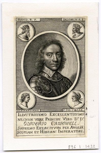 Olivier Cromwell entouré aux angles des effigies de Salomon, David, Alexandre, Jules César.