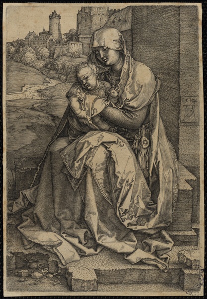 La Vierge assise au pied d'une muraille