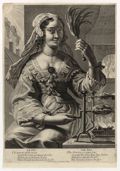 Les éléments : le feu "Cet exercice m'est un jeu / Contre les traits qu'Amour décoche; / Et lorsque je suis près du feu, / Mon Elément c'est de tourner la broche"