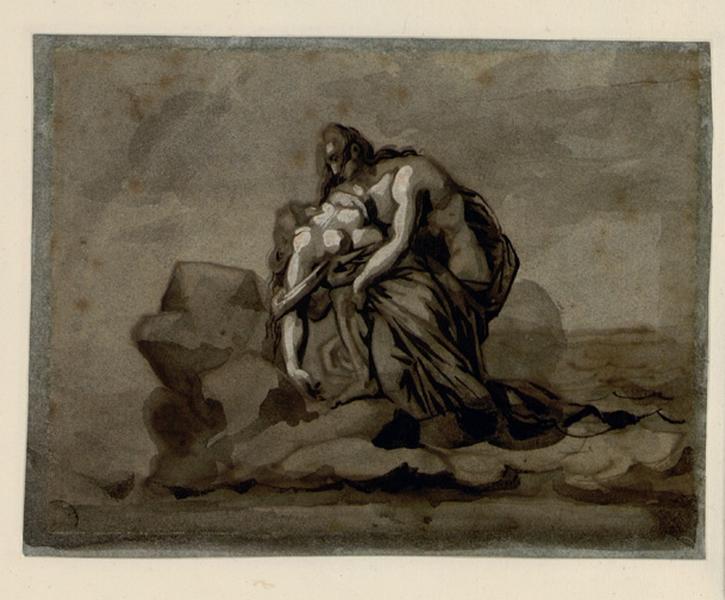 Jeune homme retenant dans ses bras une femme qu'il vient de retirer des flots Paul et Virginie (?) ; Paul et Virginie