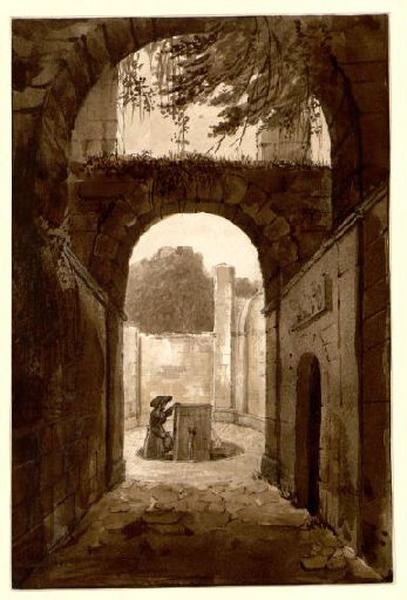 Intérieur d'un bâtiment en ruine avec une fontaine ; Ruines (Rome, 1823) (titre cat. Parrot 1873)