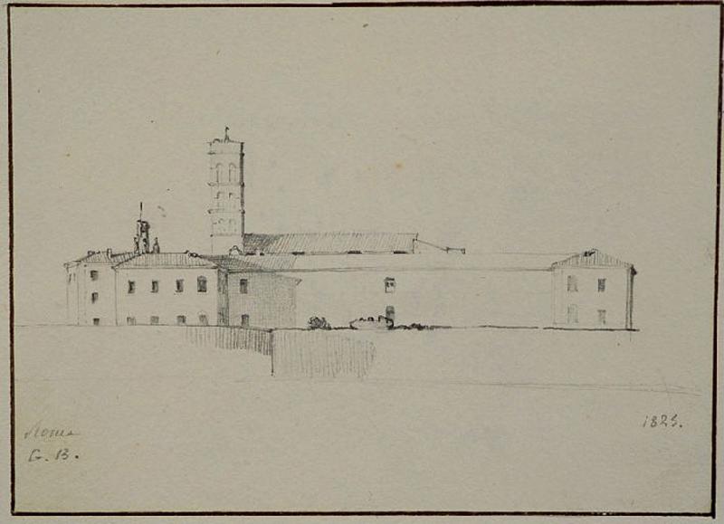 Eglise et couvent de Santa Croce in Gerusalemme (vue depuis le potager des Moines, Chiesa e Convento di santa Croce In Gerusalemme vista dall'Orto dei Monaci) ; Paysage d'Italie : Rome (vue depuis le potager des Moines)