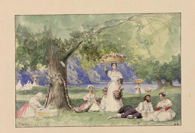 Femmes au bord d'un lac tressant des guirlandes de fleurs