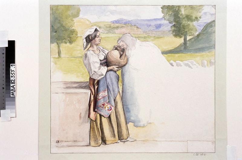 Femme donnant à boire à un berger