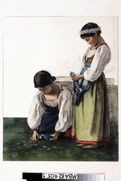 Fillettes ramassant des fleurs