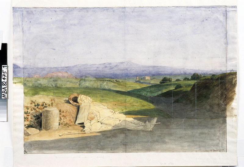 Homme étendu près d'une borne kilométrique