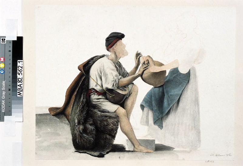 Femmes donnant à boire à un joueur de mandoline