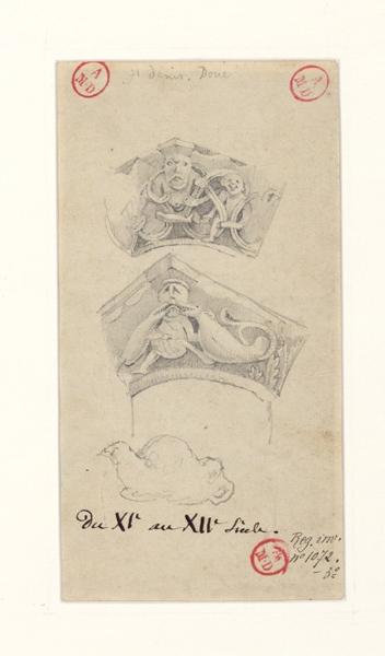 Doué, chapiteaux de l'église Saint-Denis (verso) ; Blaison-Gohier, fenêtre du château (recto) ; Montreuil-Bellay, fresque du Jugement dernier (recto)