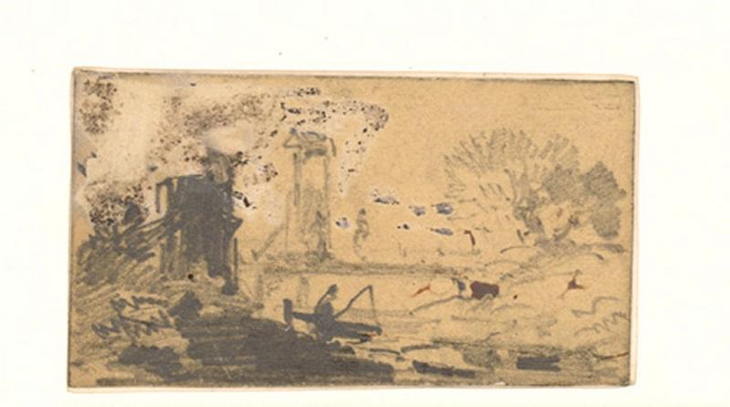 Petit paysage avec pont et pêcheur