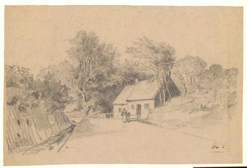 Paysage avec route, maison et personnages