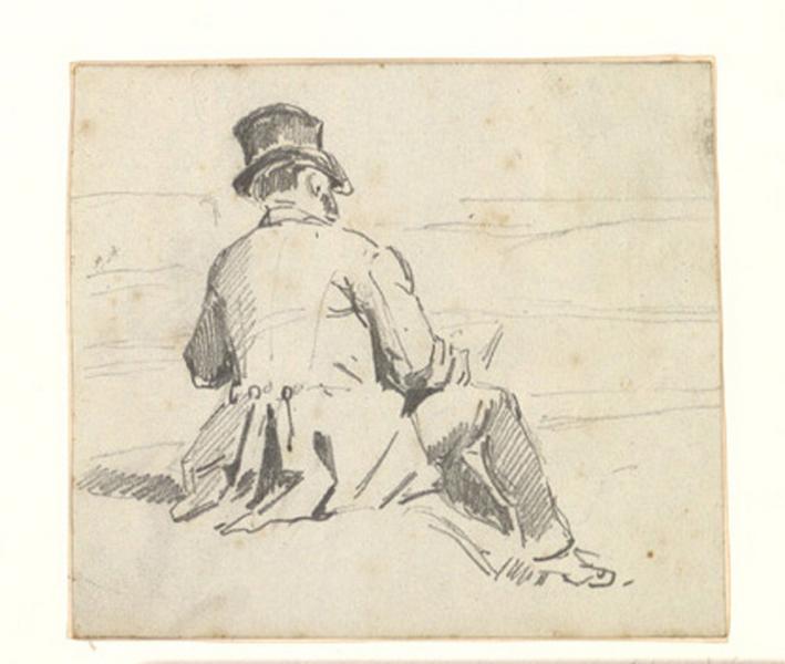 Homme assis en redingote et chapeau, dessinant