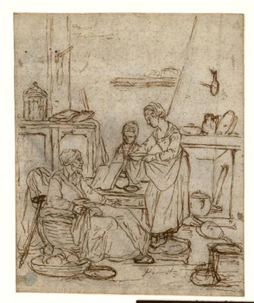 Intérieur breton avec vieillard assis, jeune femme et enfant