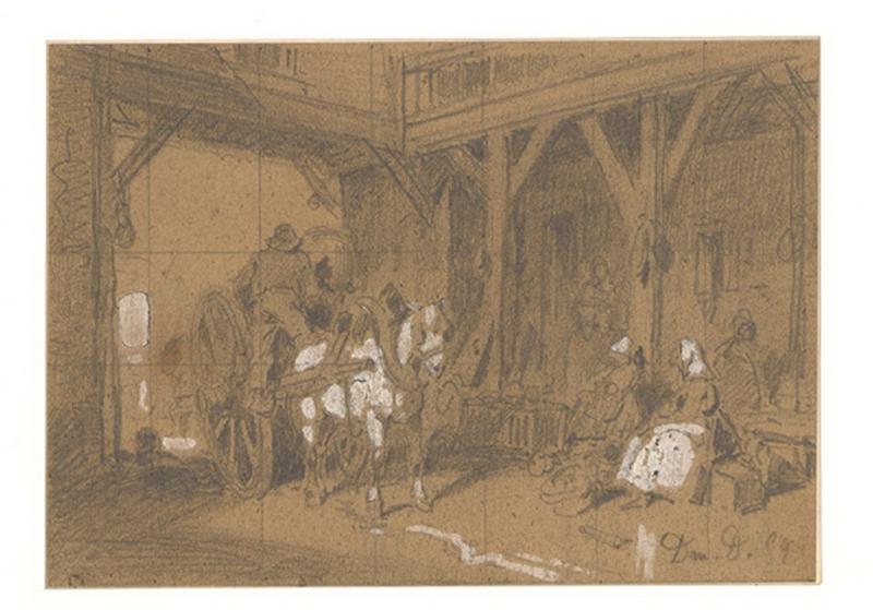Arrivée de la charrette dans une cour bretonne
