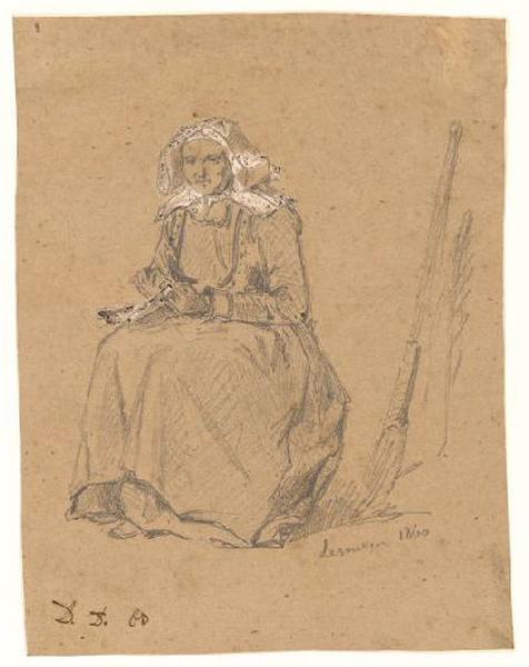 Vieille femme assise brodant