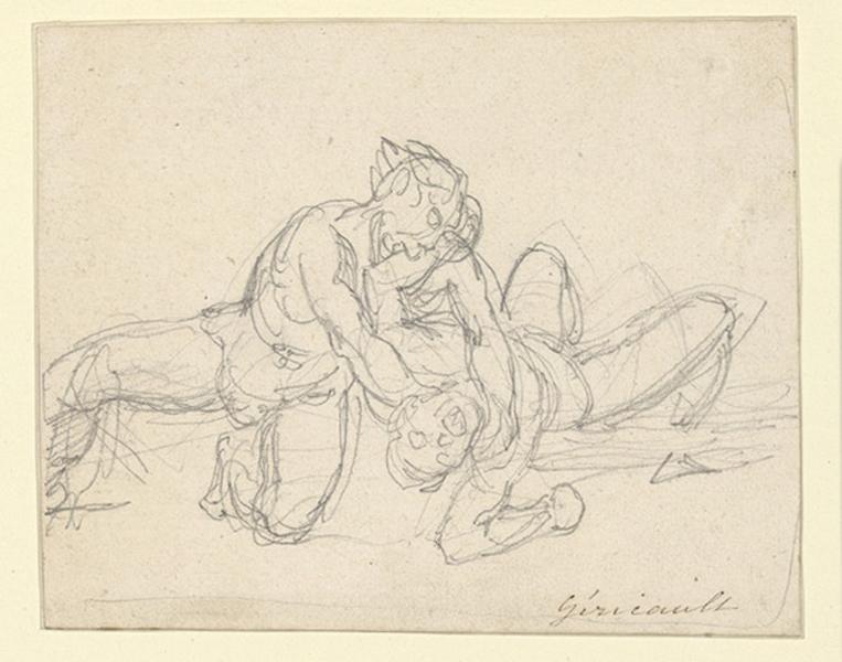 Deux hommes luttant ; Homme renversé à terre, maintenu ou secouru par un autre homme