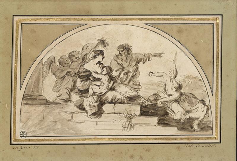 Le repos de la Sainte Famille en Egypte ; Sainte Famille entourée d'anges (ancien titre) ; Une mère allaitant son enfant entourée d'anges (titre à l'inventaire)