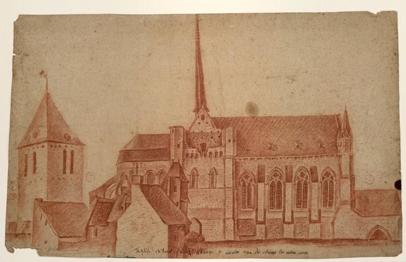 Eglise et tour de l'abbaye Saint-Nicolas, vue du champ du même nom.