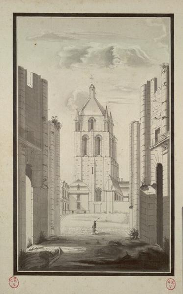 Angers, tour Saint-Aubin vue depuis les ruines de l'église abbatiale