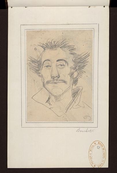 Tête d'homme moustachu, cheveux en bataille, vu de face