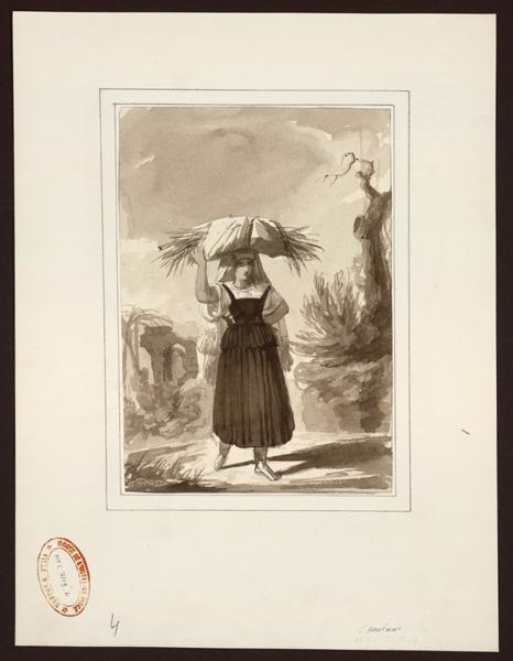 Paysanne portant du foin sur sa tête