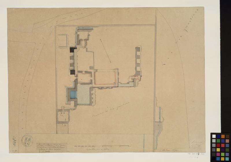 Coupe et élévation suivant une ligne Nord-Sud. Côté couchant ; Ruines du balneum de Frémur
