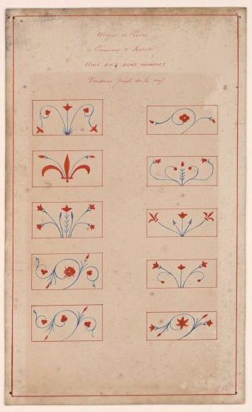 Peintures murales de la chapelle : relevés de dix détails des voussoirs de la nef (Titre de M. Bardelot)