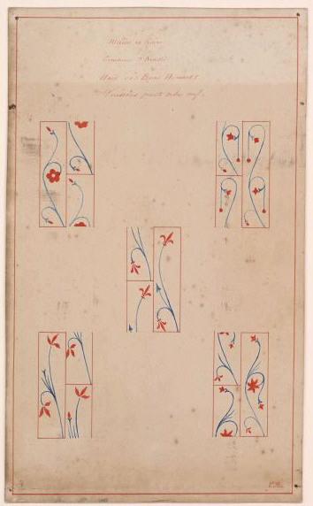 Peintures murales de la chapelle : relevés de cinq détails des voussoirs de la nef (Titre de M. Bardelot)