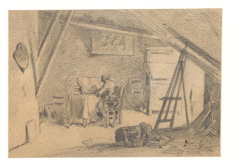 Peintre écrivant ou dessinant dans son atelier